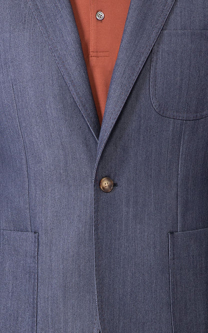 Tailored wool denim blazer is washable and comfortable