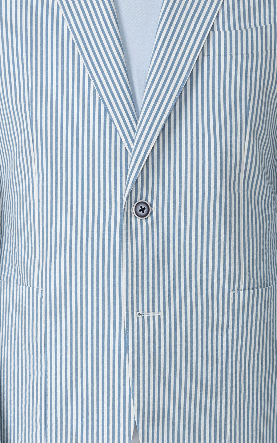 Man wearing light blue striped custom seersucker suit