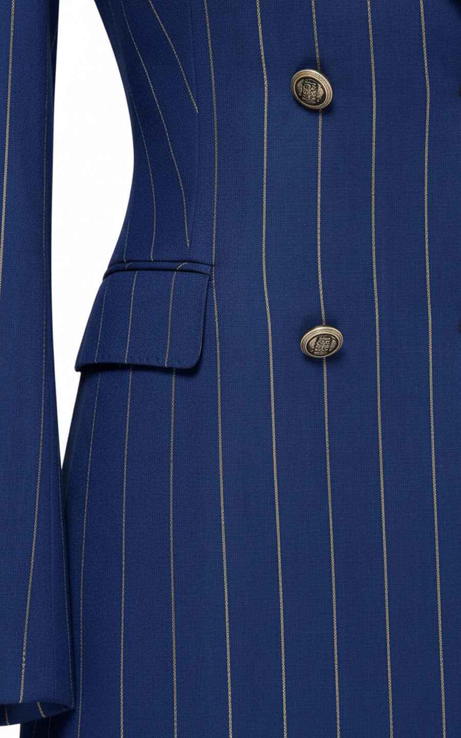 Women's double-breasted blue pinstripe suit set