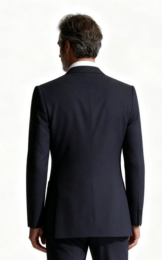 Navy Blue Wool Seersucker Tailored Blazer - Custom Fit
