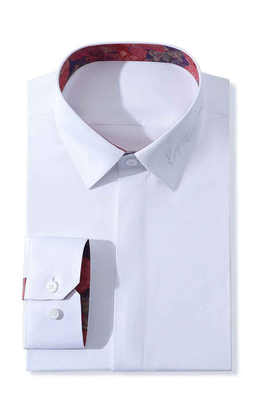 Custom White Long Sleeve Shirt - Embroidered Collar