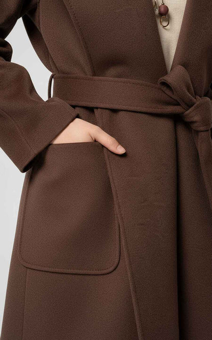 Elegant Brown Belted Trench Coat with Wide Lapel