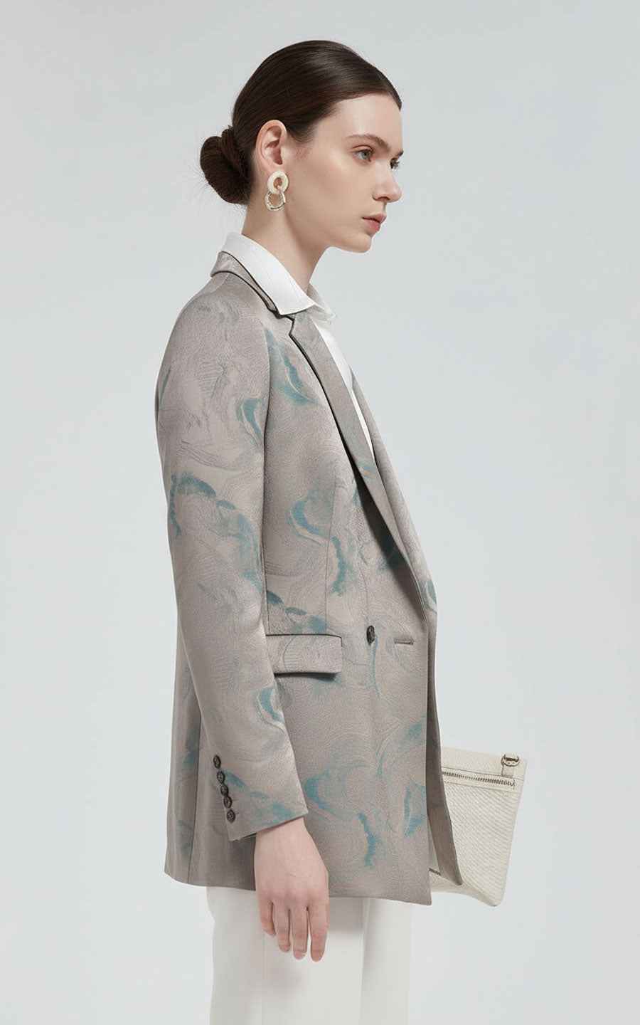 Women's Blazer Watercolor Print Double-Breasted