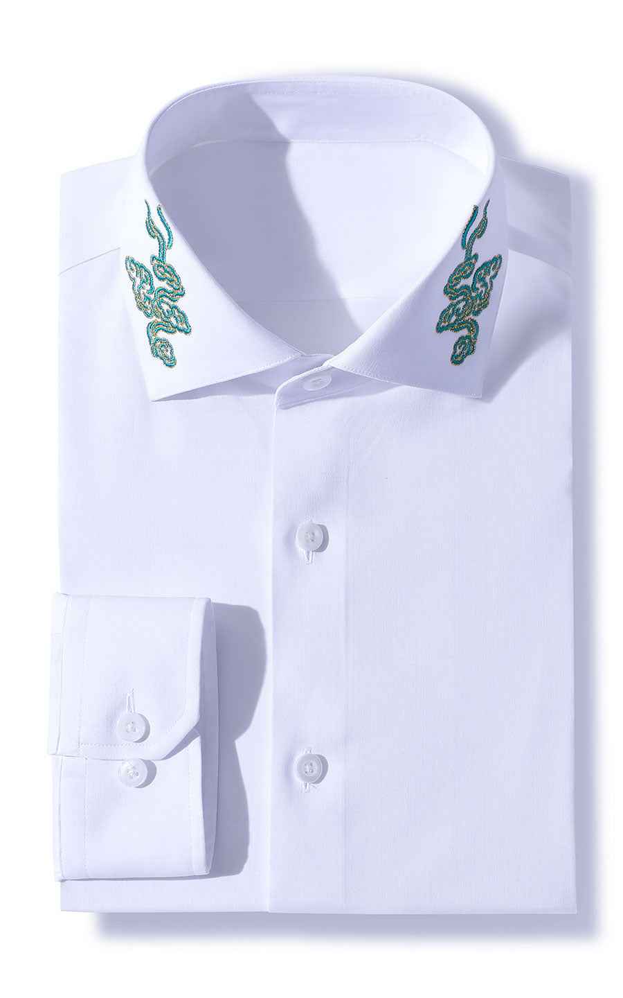 Men's White Shirt with Green Embroidery - Custom Collar