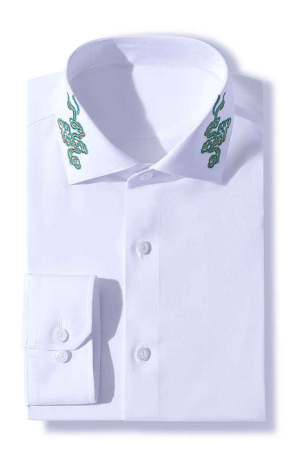 Men's White Shirt with Green Embroidery - Custom Collar