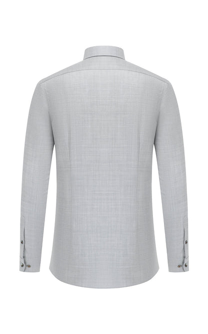 Mist gray wool shirt side view - wrinkle-free tailored