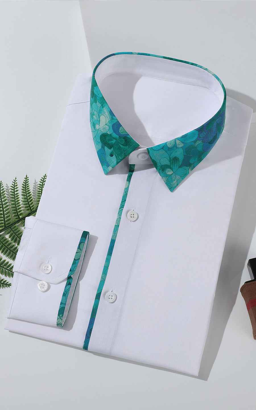 Custom White Dress Shirt with Green Accents - Tailored Fit