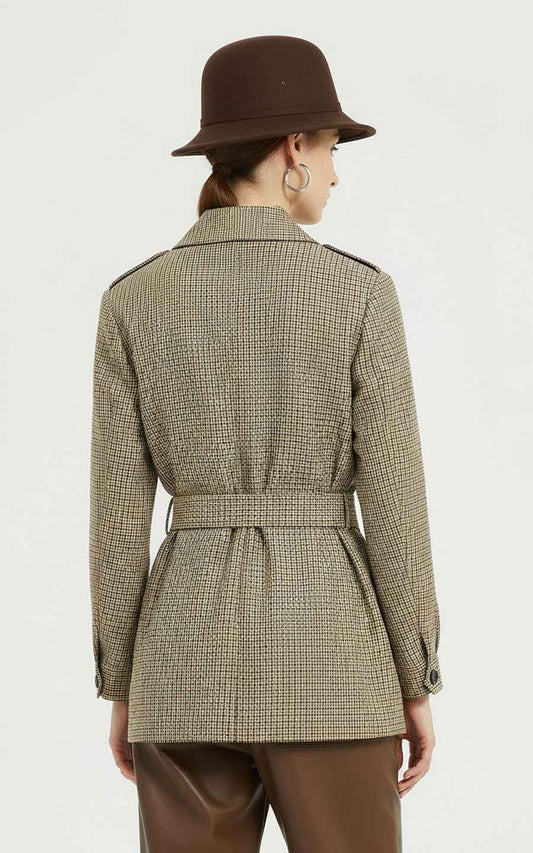 Women's Safari Coat - Plaid Belted with Notched Collar