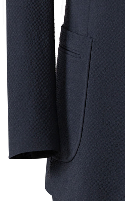 Navy blue wool seersucker fabric texture blazer detail