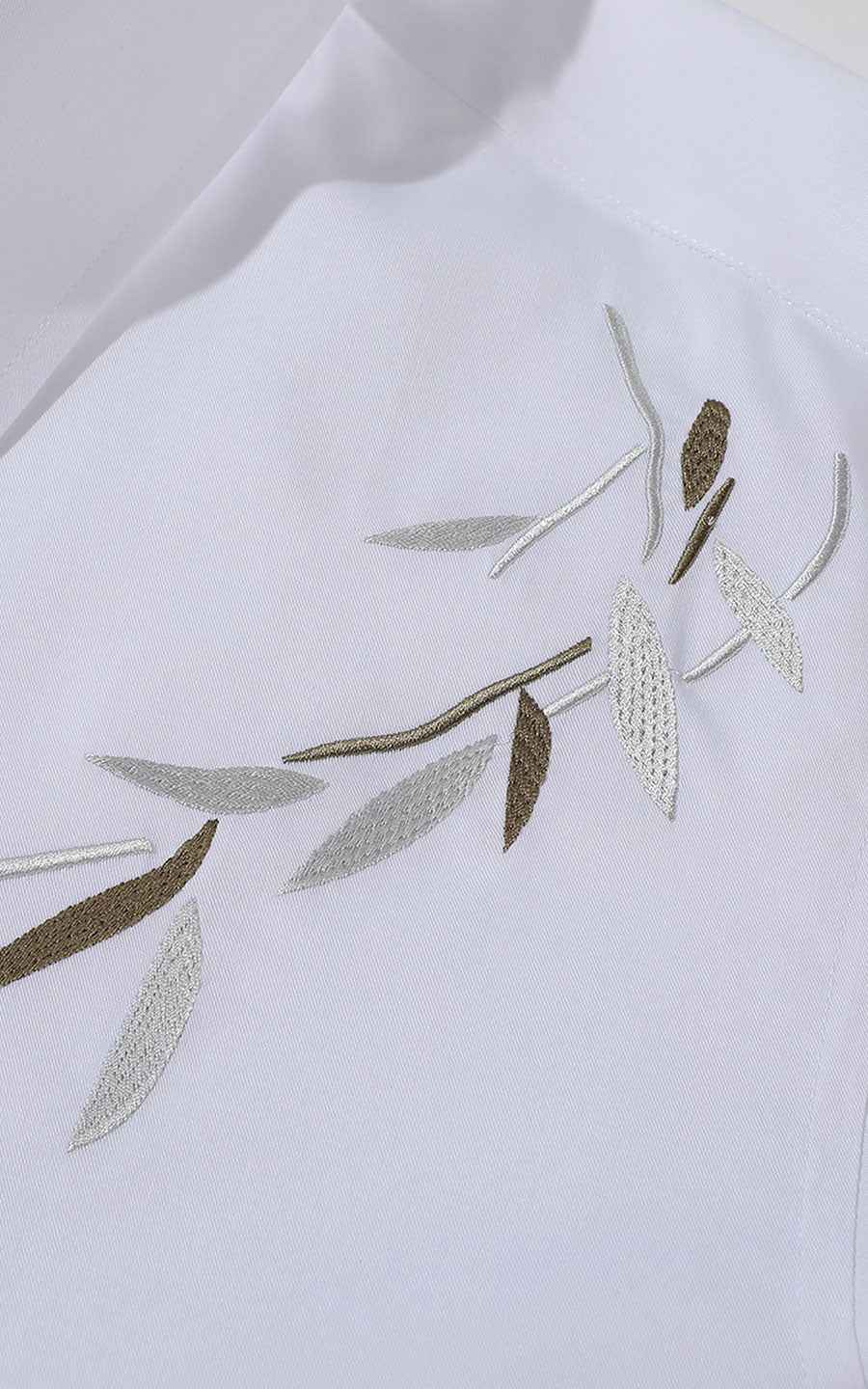 WIAI Pure White Leaf Embroidered Men's Dress Shirt