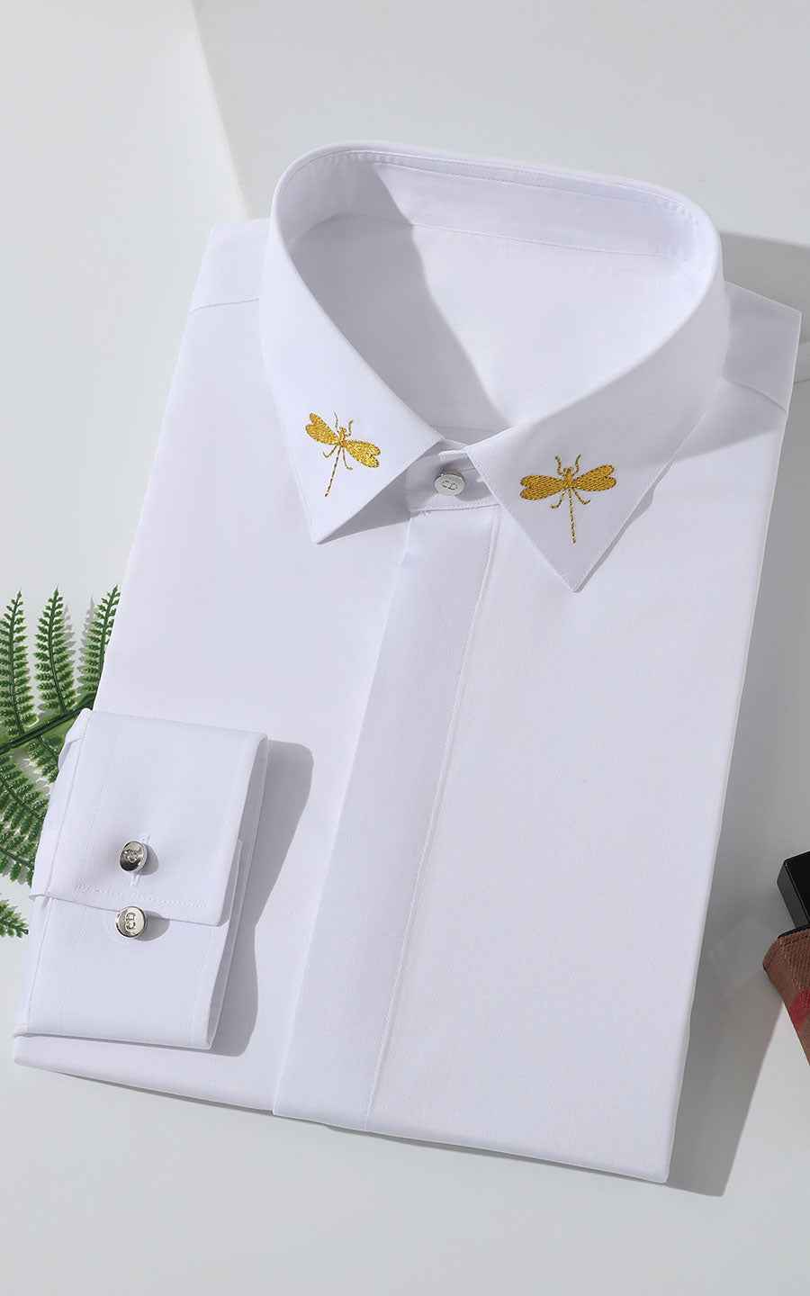 Custom Gold Embroidered White Dress Shirt for Men