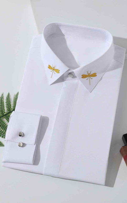 Custom Gold Embroidered White Dress Shirt for Men
