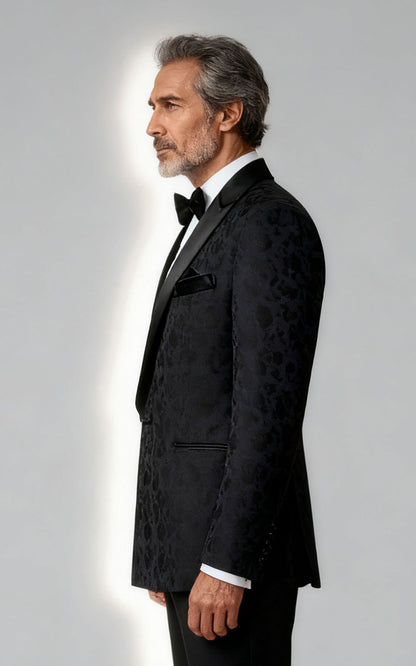 Men's Black Brocade Evening Suit - Custom Groom Wedding Attire