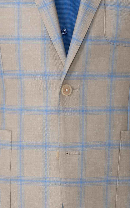 Custom Khaki Blue Plaid Wool Casual Suit Set
