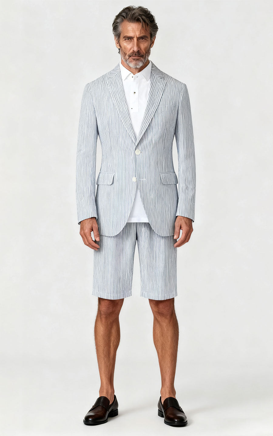 Light Gray Striped Casual Suit Set - Tailor Made