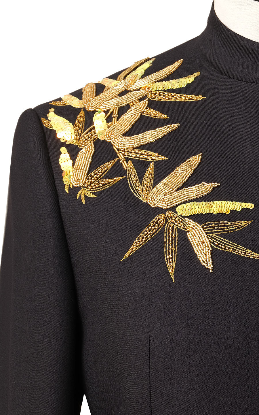 Black bamboo print pattern dress fabric detail
