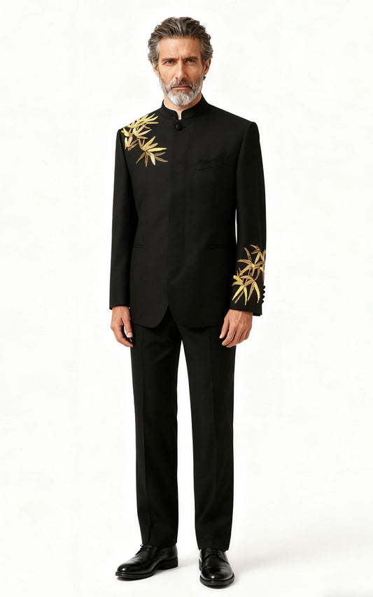 Black Bamboo Print Formal Dress - Custom Tailored Suit