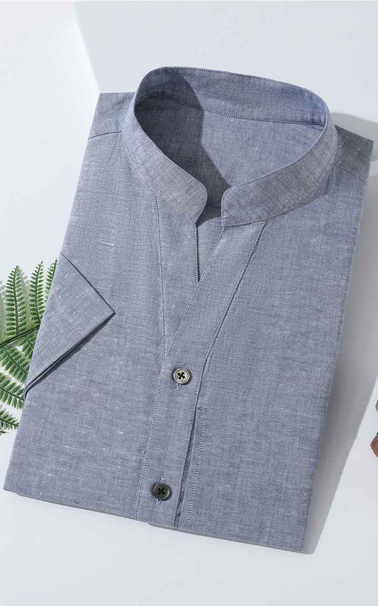 Light Blue Linen Short Sleeve Casual Shirt - Custom Fit