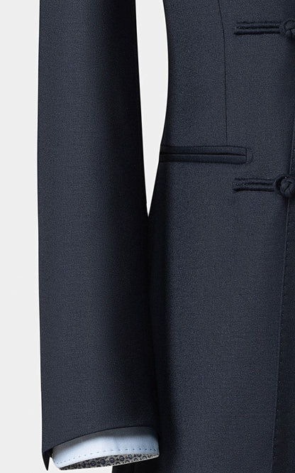 Men's custom blue black camel silk brocade suit tailored