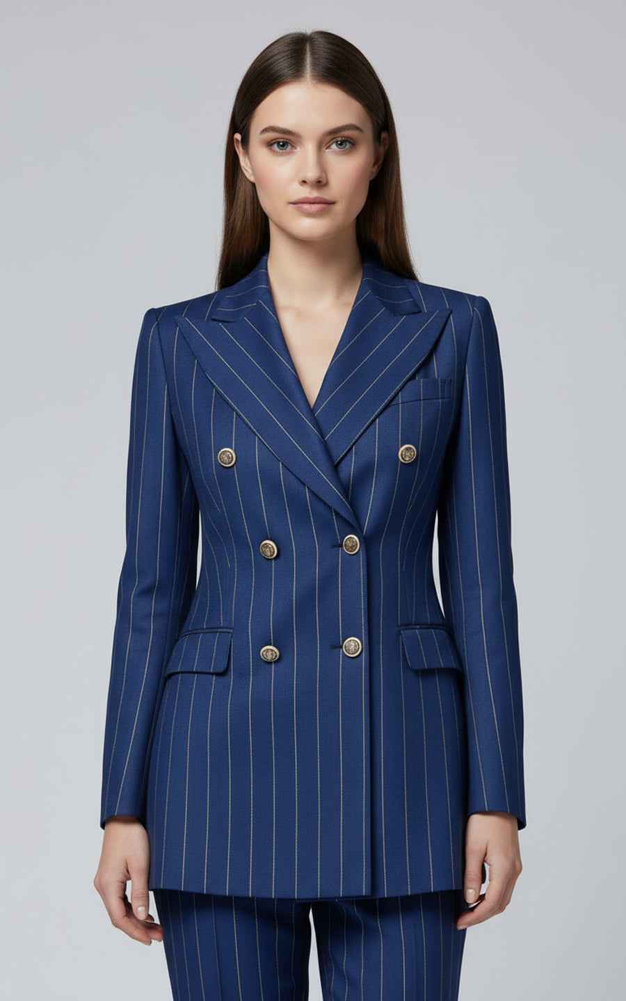 Women's double-breasted blue pinstripe suit set