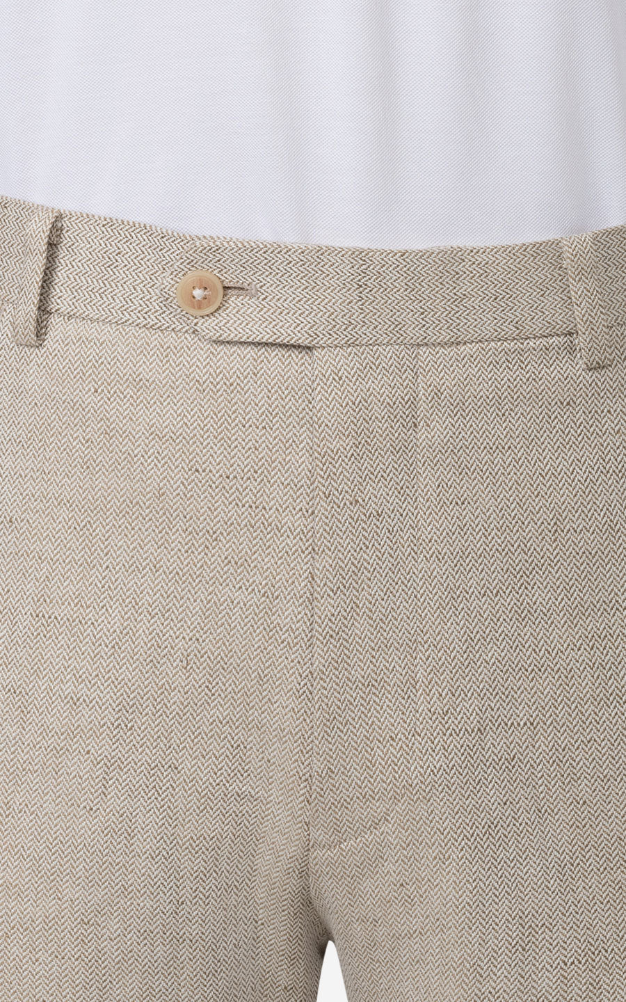 Custom suit pants side view - beige herringbone weave