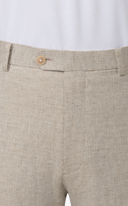 Custom suit pants side view - beige herringbone weave