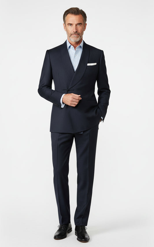 Mens Chinese Style Custom Suit Blue Black Silk Brocade Formal Wear