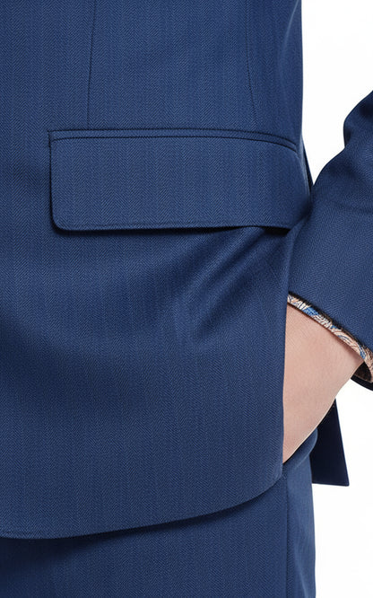 Custom Navy Blue Herringbone Business Men's Suit Set