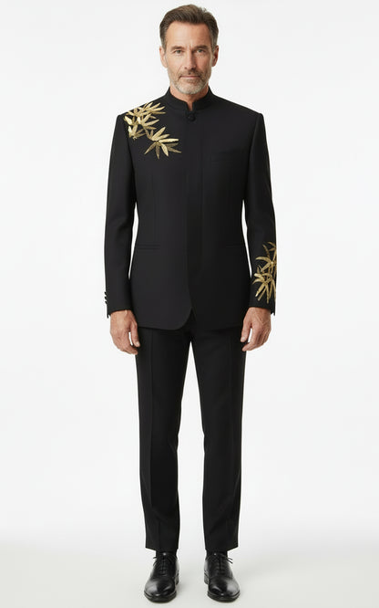 Mens Black Bamboo Tailored Suit Wool Formal Business Dress Set