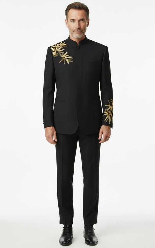 Mens Black Bamboo Tailored Suit Wool Formal Business Dress Set