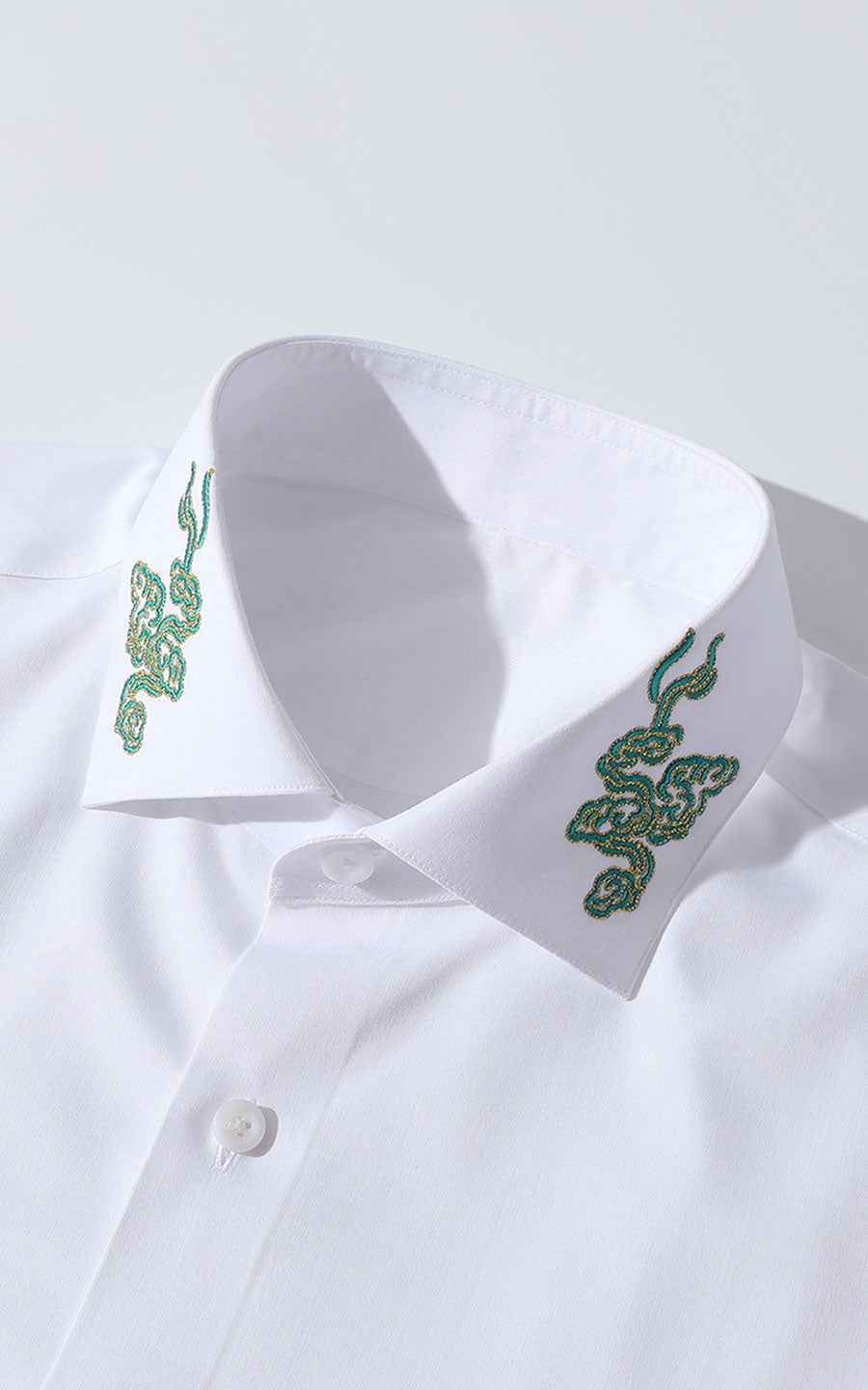 Men's White Shirt with Green Embroidery - Custom Collar