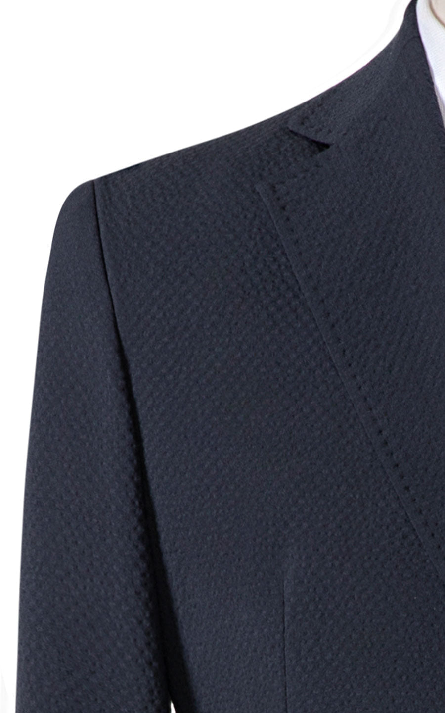 Navy blue wool seersucker fabric texture close up