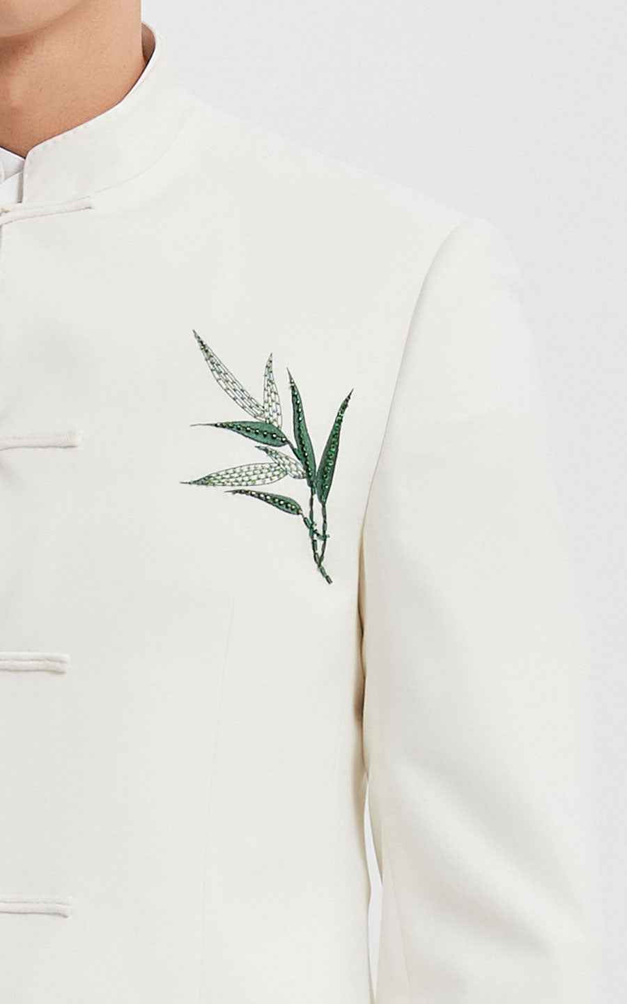 Classic Bamboo Embroidered Chinese Tang Suit Set - Ivory White