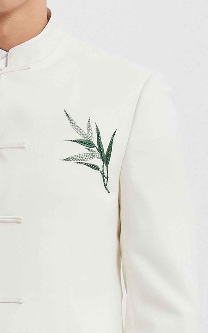 Classic Bamboo Embroidered Chinese Tang Suit Set - Ivory White