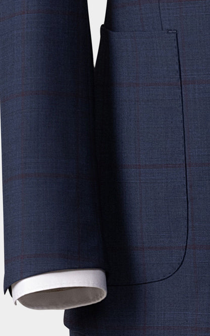 Navy blue plaid pattern bespoke suit fabric detail