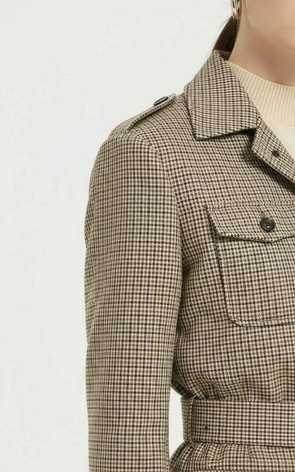 Women's Safari Coat - Plaid Belted with Notched Collar