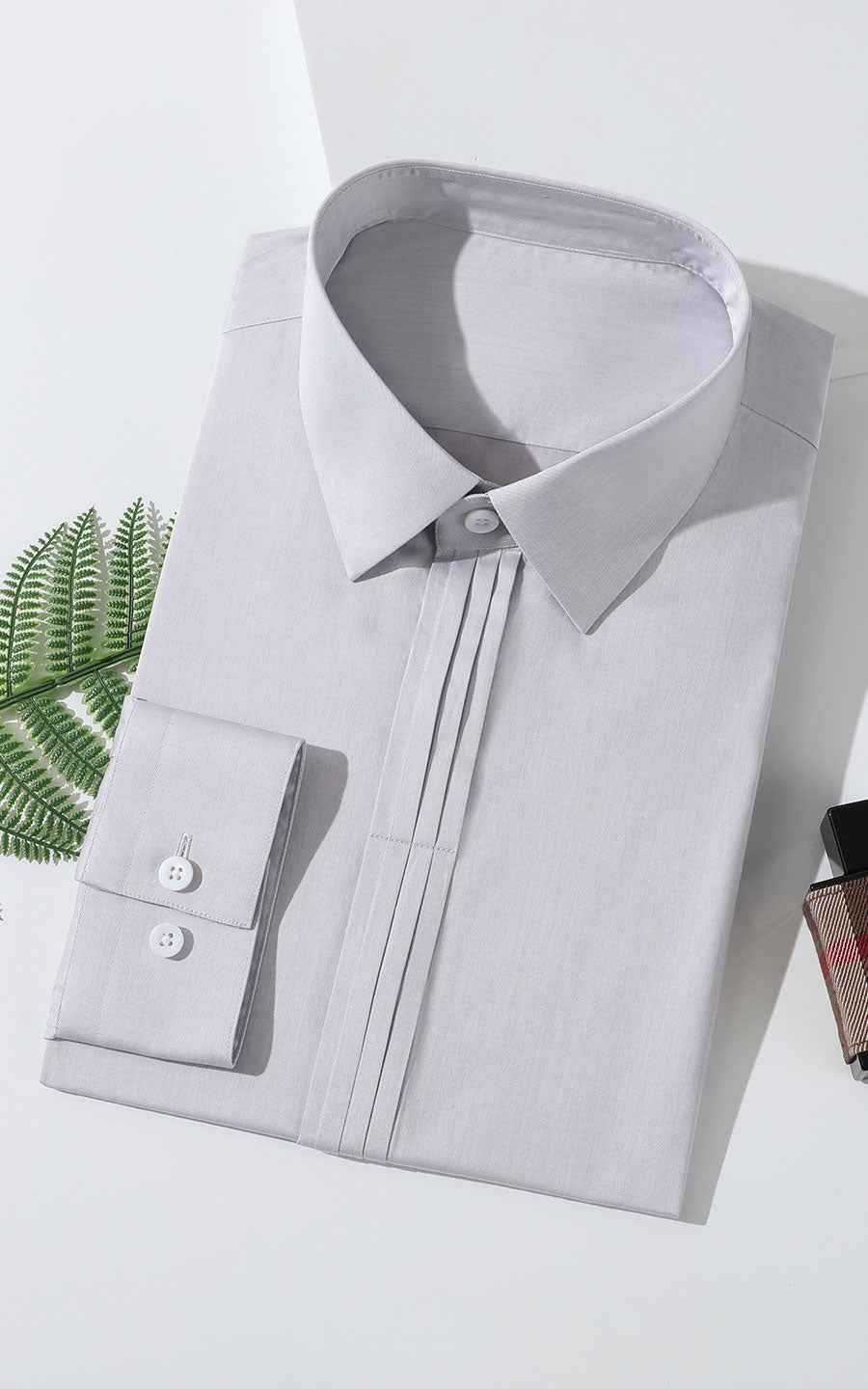 Men's Light Grey Twill Cotton Tailored Shirt - Long Sleeve