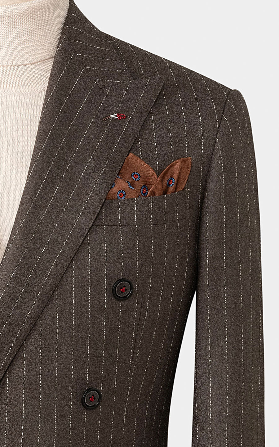 Gray brown striped bespoke suit front view silk flannel