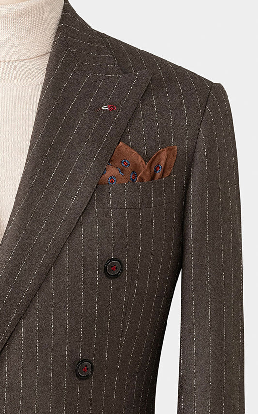 Gray brown striped bespoke suit front view silk flannel