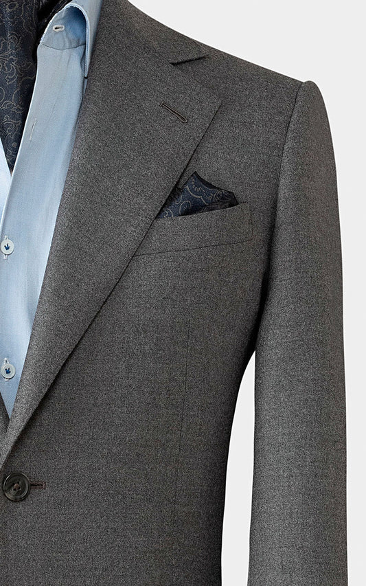 Medium grey silk flannel suit front view stretch fit