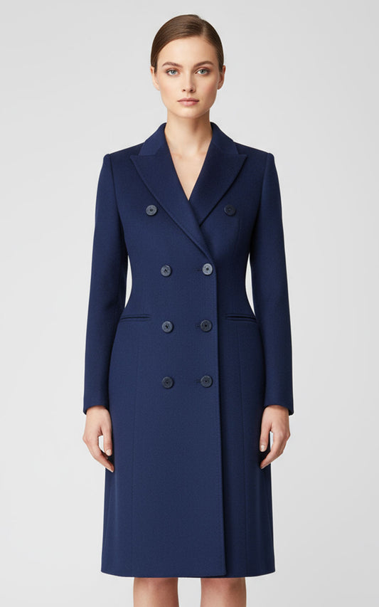 Women's Custom Wool - Navy Double Breasted Long Blazer