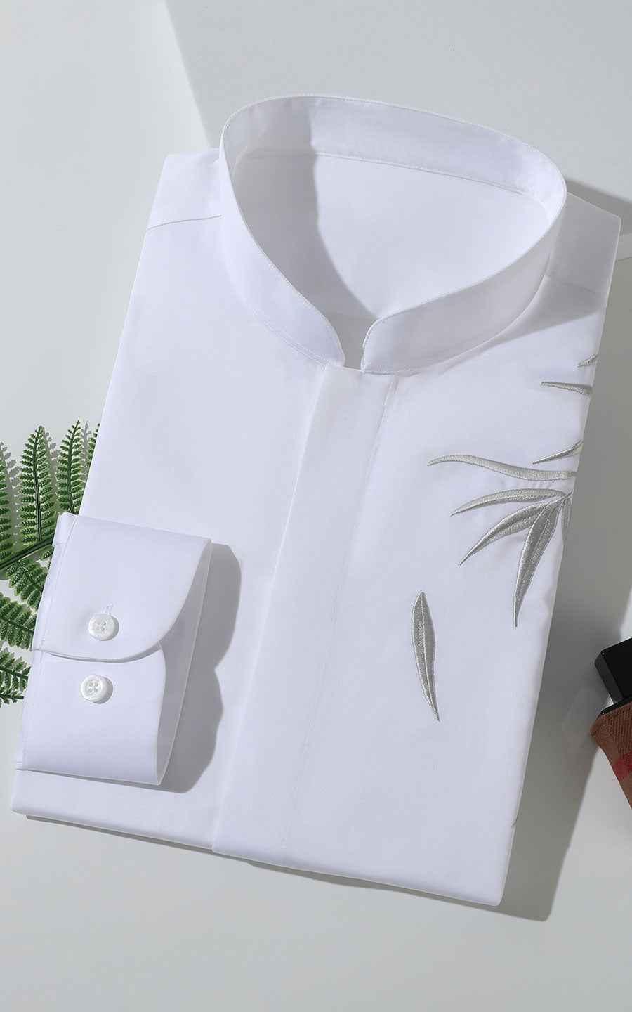 Men's White Bamboo Embroidered Chinese Shirt - Custom Fit