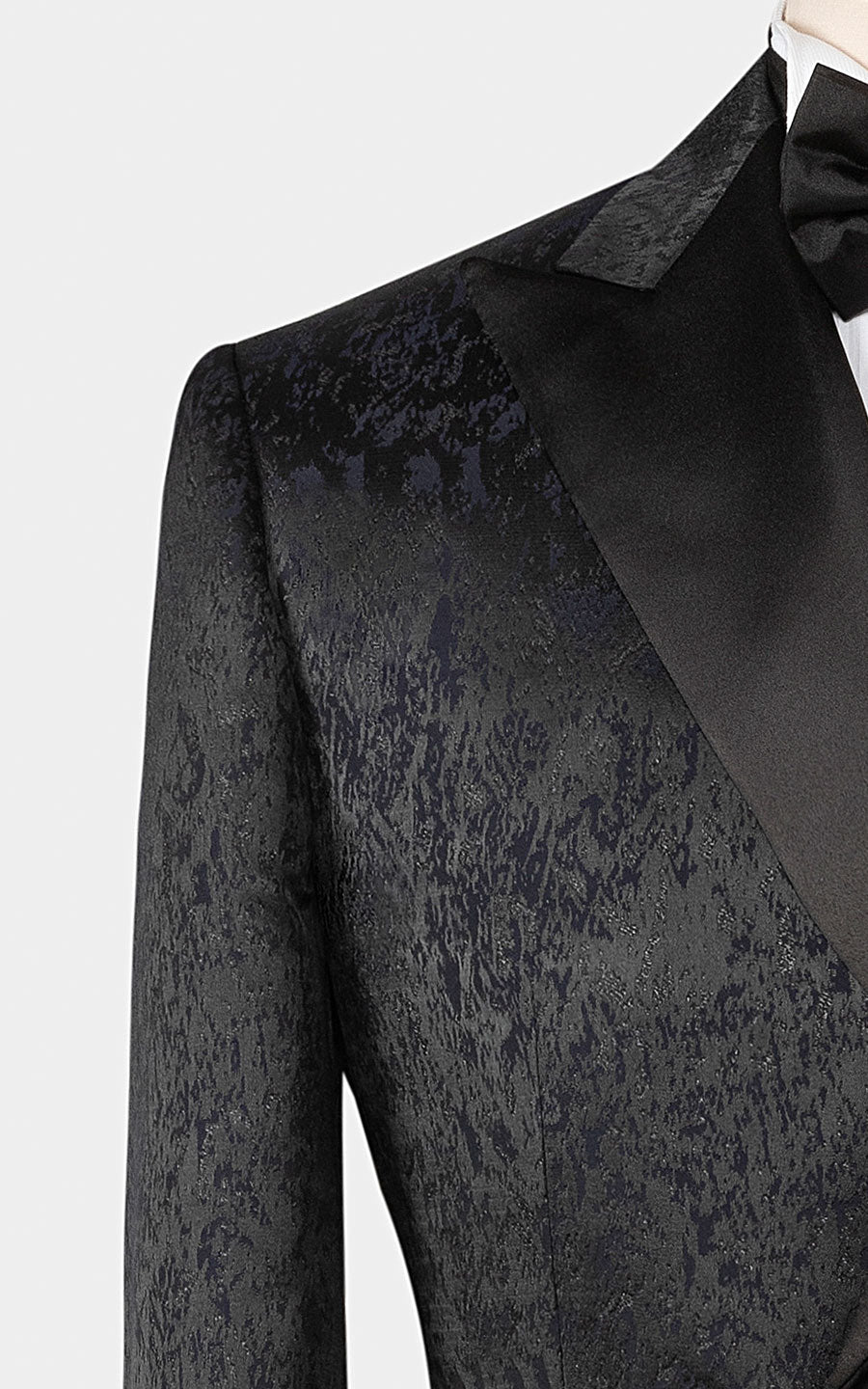 Black jacquard Chinese tuxedo front view custom formal