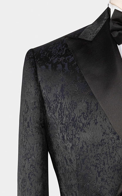 Black jacquard Chinese tuxedo front view custom formal
