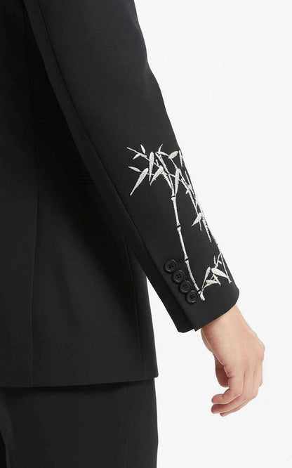 Black Embroidered Bamboo Pattern Oriental Suit Jacket