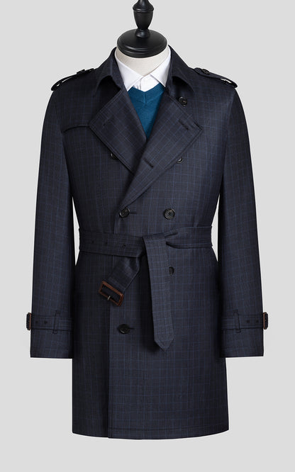 Men's Dark Blue Double-Breasted Custom Casual Trench Coat