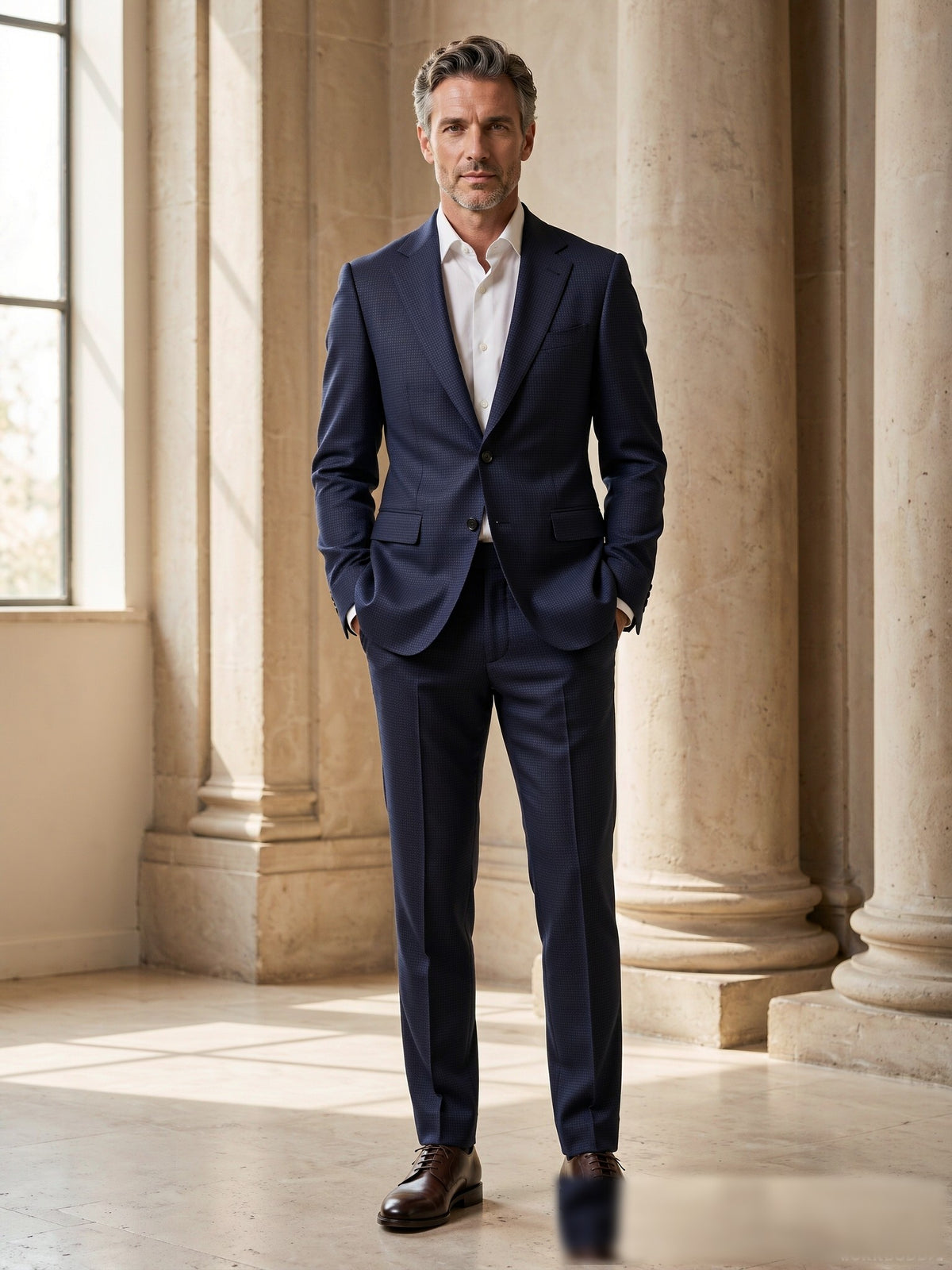 Mature model wearing a tailored navy birdseye Drago wool two-piece suit - front view