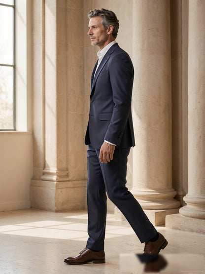 Mature model wearing a tailored navy birdseye Drago wool two-piece suit - side view