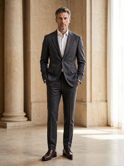 Mature model wearing a tailored charcoal grey Drago wool two-piece suit - front view