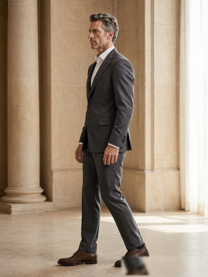 Mature model wearing a tailored charcoal grey Drago wool two-piece suit - side view